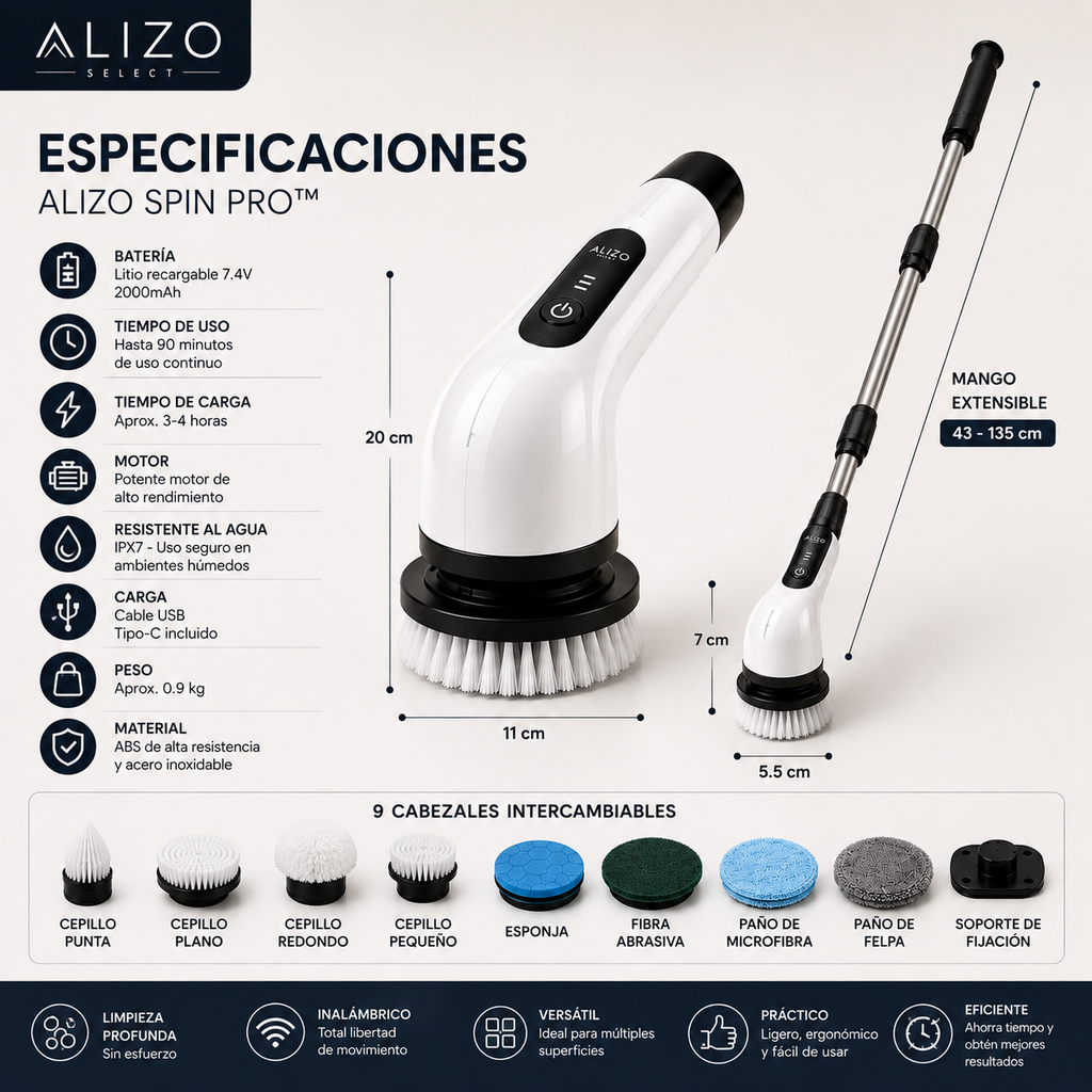 Alizo Spin Pro | Cepillo Eléctrico de Limpieza 9 en 1