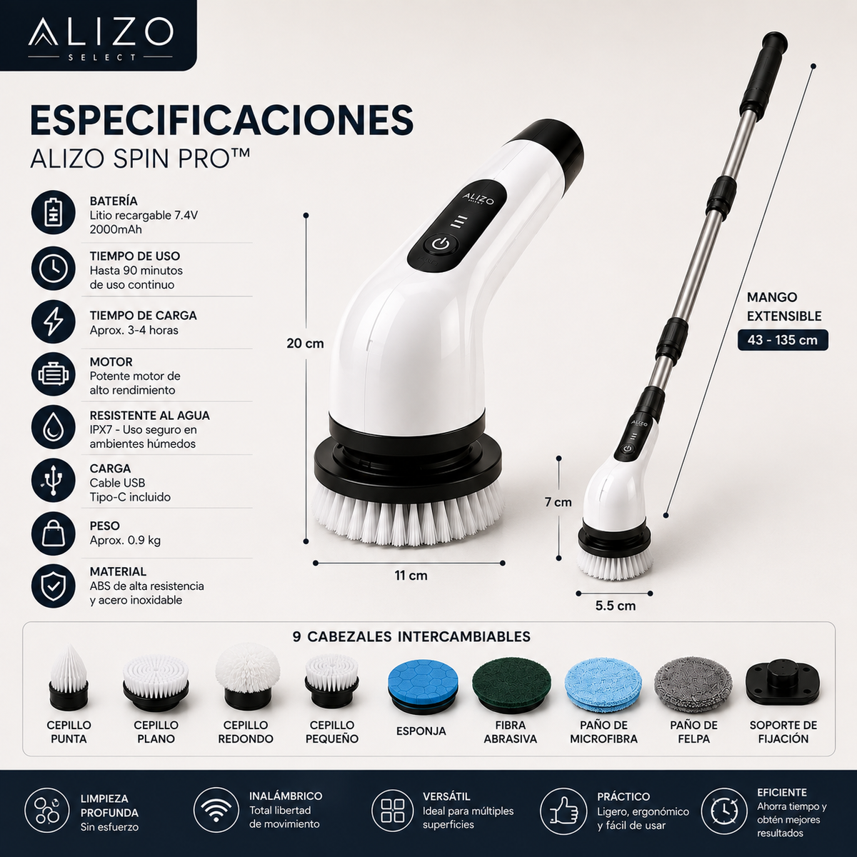 Alizo Spin Pro | Cepillo Eléctrico de Limpieza 9 en 1